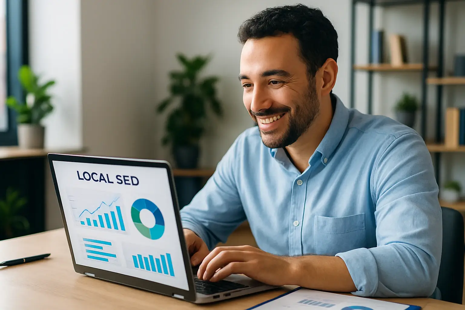 empresário analisando dados de SEO local